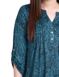 Teal Whisper 3/4 Bell Sleeve Pleat Front Y Neck Top